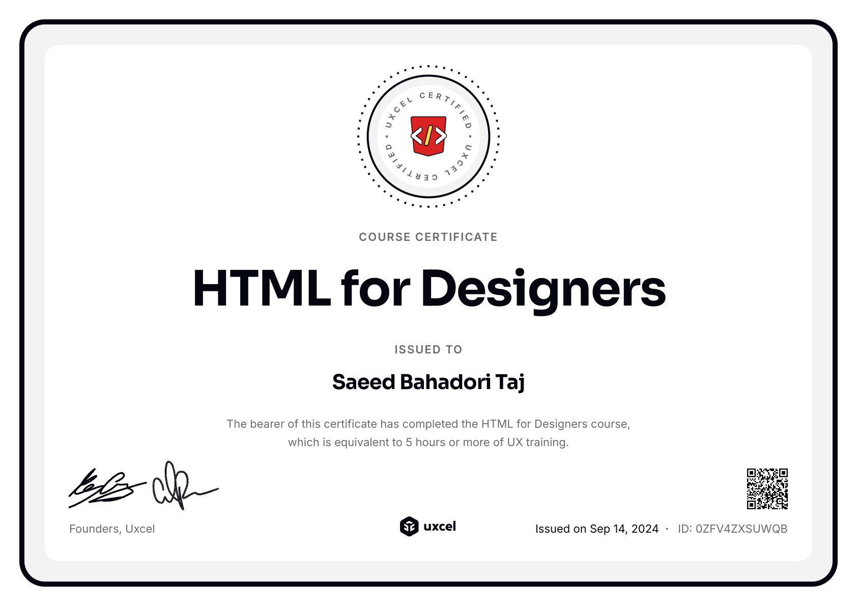 Saeed Bahadori Taj's certificate